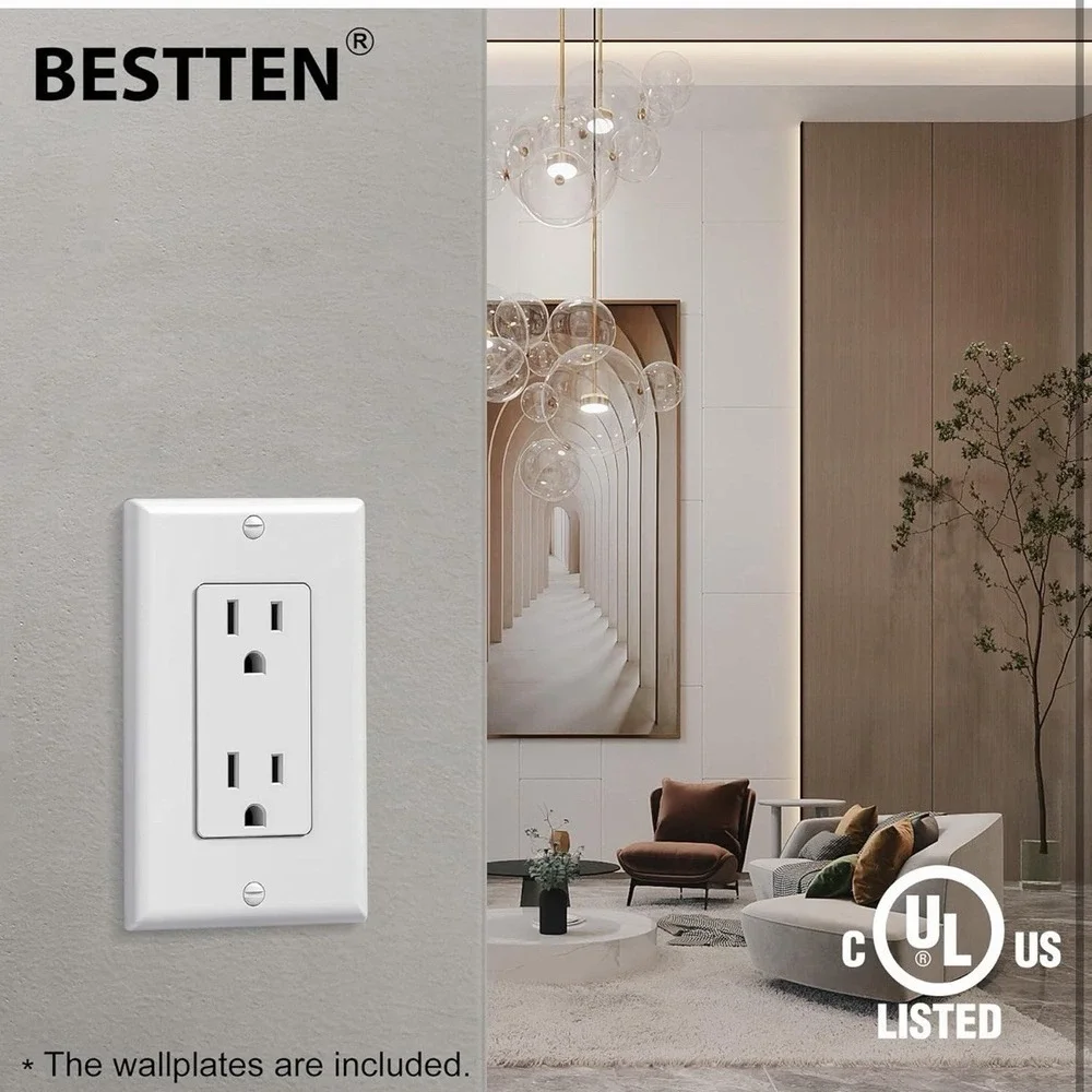 BESTTEN 30 Pack 15 Amp Decorator‎ Receptacle Outlet w/ Screwless Wall Plates